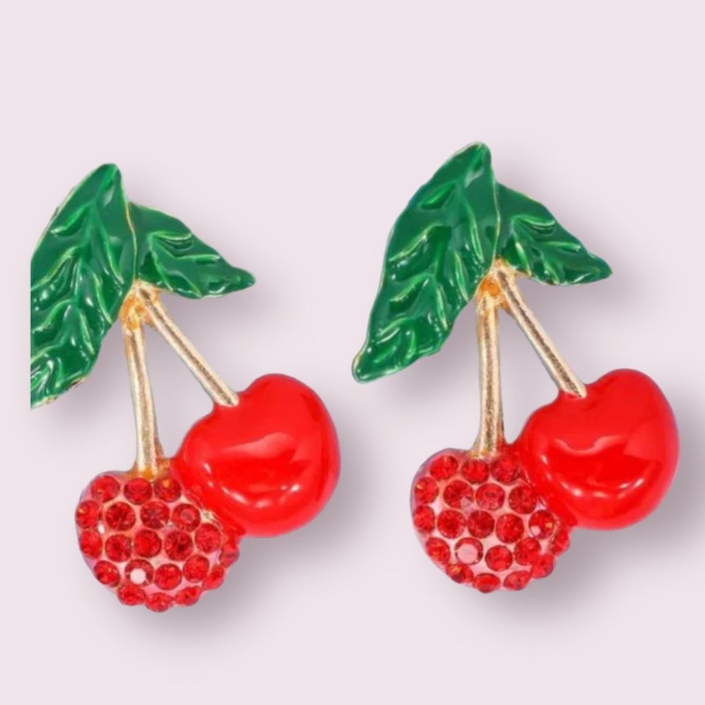 ⭐️❤️ FREE Cherry Rhinestone Boho Peasant Chic Fruit Leaf Glam Hipster Earrings
